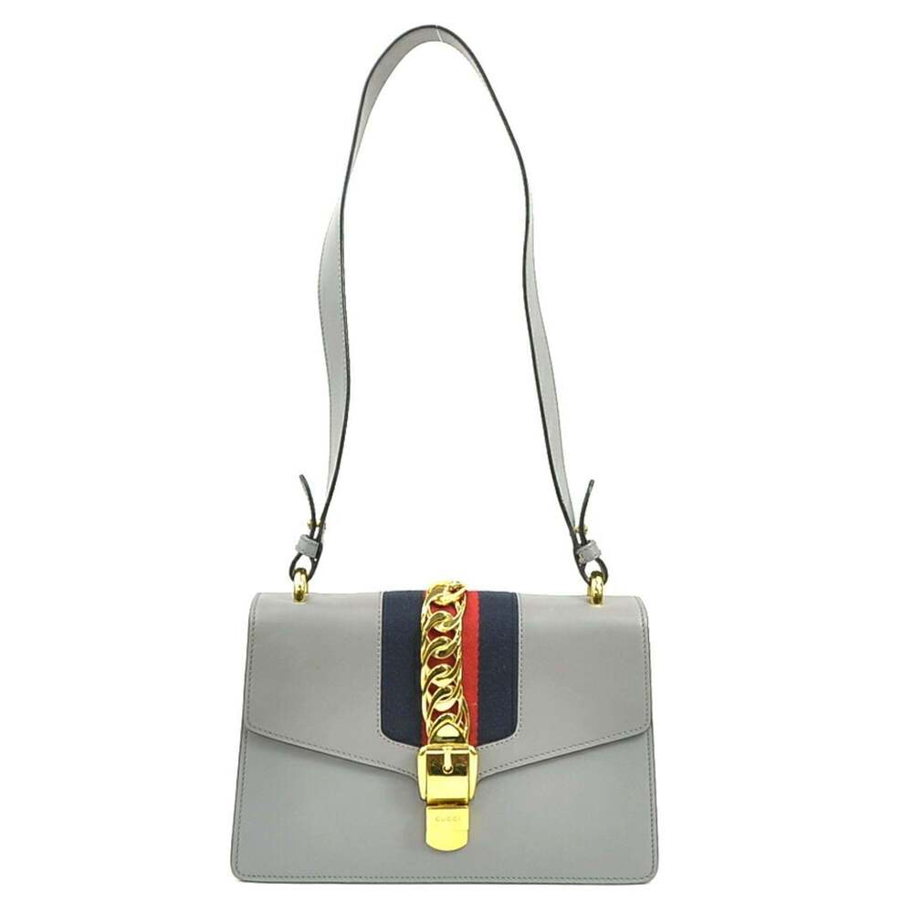 GUCCI Authentic Gray Leather Sylvie Shoulder Bag